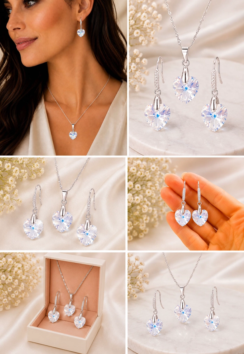 CONJUNTO JOYAS MONTERO PLATA ITALIANA 925 AROS + COLLAR ROMANCE Y CRISTALES GENUINOS AURORA BOREAL - 8