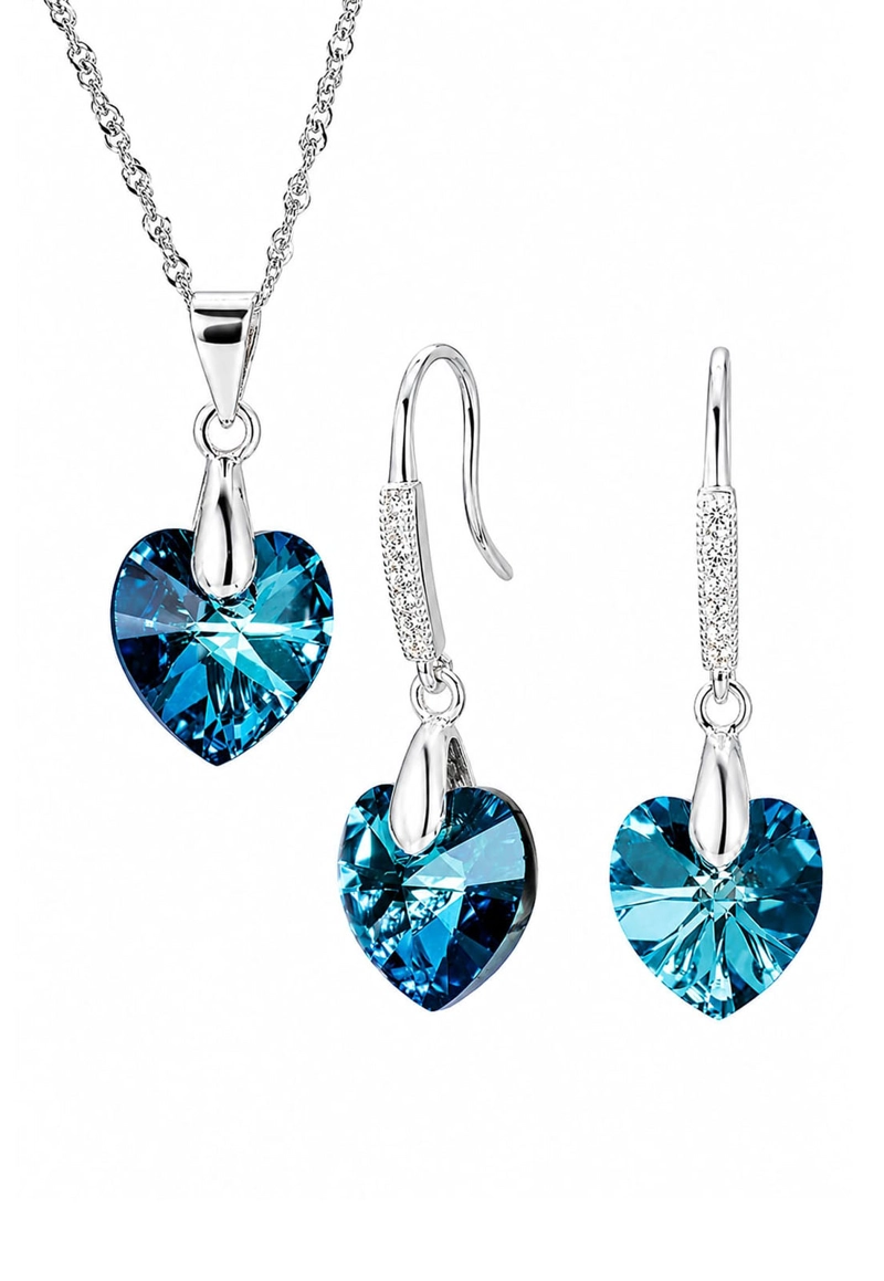 CONJUNTO JOYAS MONTERO PLATA ITALIANA 925 AROS + COLLAR ROMANCE Y CRISTALES GENUINOS BERMUDA BLUE - 1
