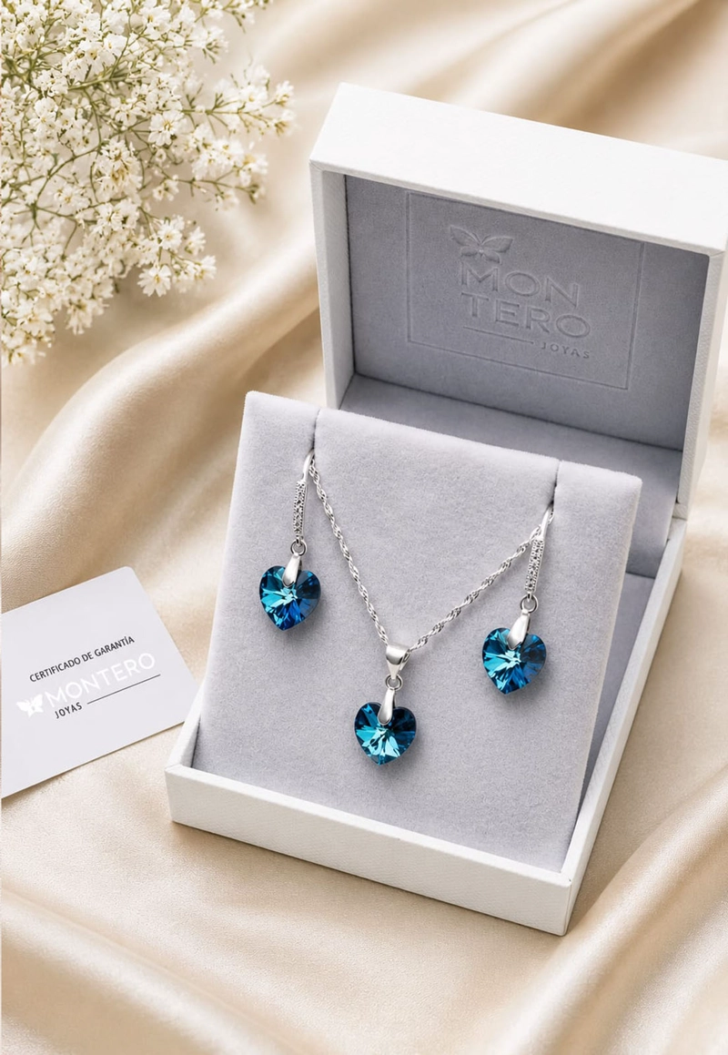 CONJUNTO JOYAS MONTERO PLATA ITALIANA 925 AROS + COLLAR ROMANCE Y CRISTALES GENUINOS BERMUDA BLUE - 4
