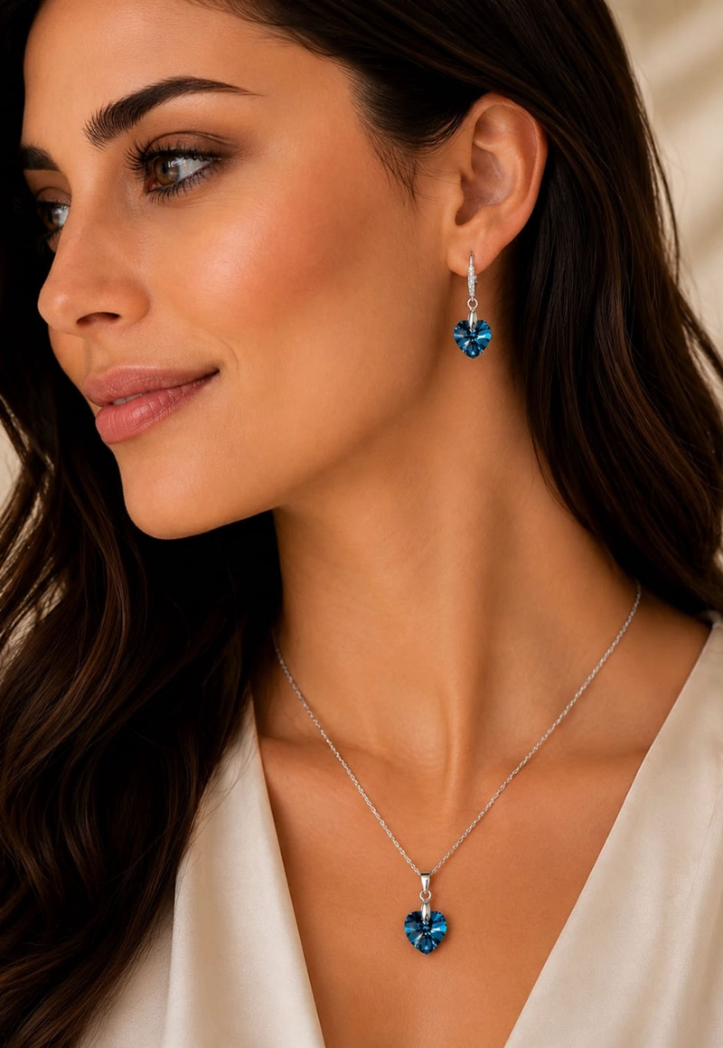 CONJUNTO JOYAS MONTERO PLATA ITALIANA 925 AROS + COLLAR ROMANCE Y CRISTALES GENUINOS BERMUDA BLUE - 5