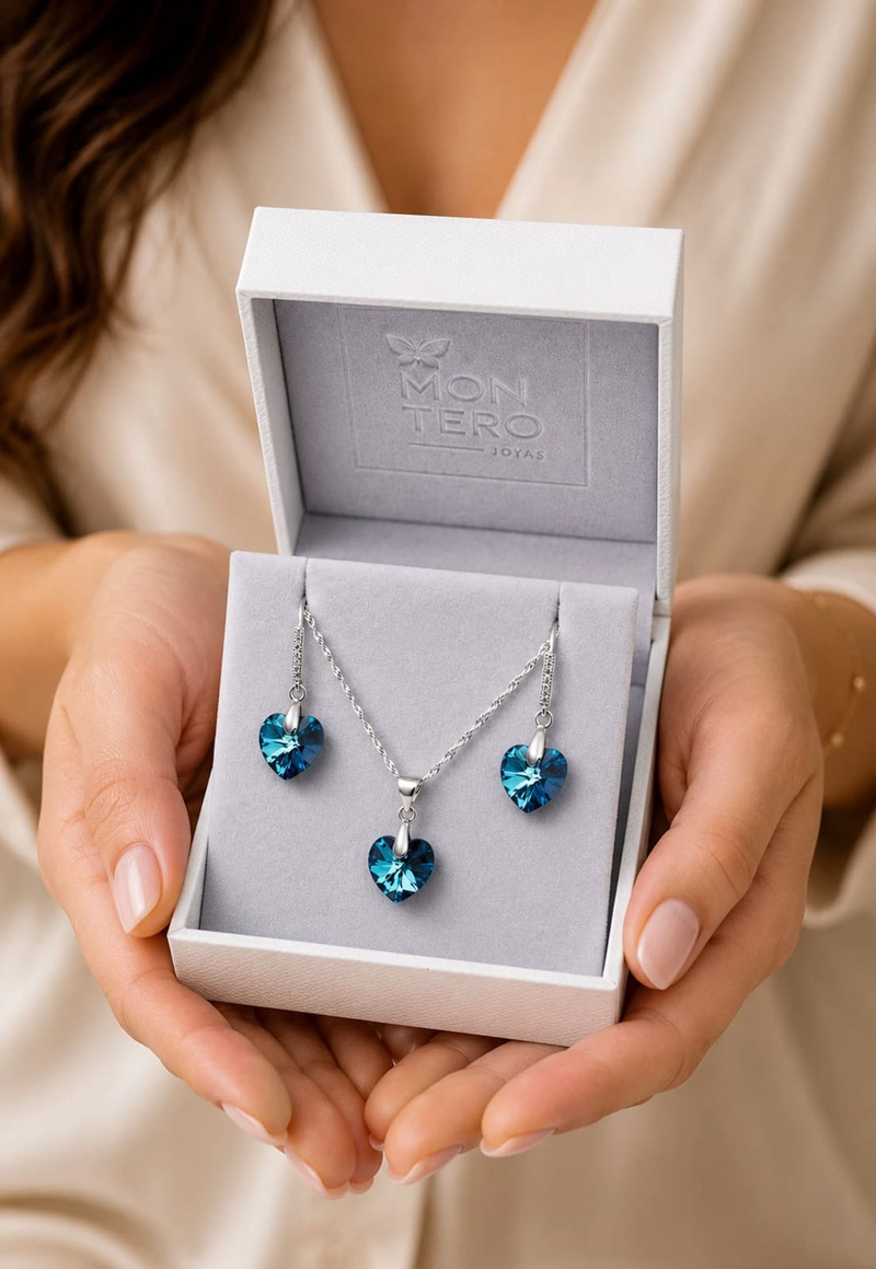 CONJUNTO JOYAS MONTERO PLATA ITALIANA 925 AROS + COLLAR ROMANCE Y CRISTALES GENUINOS BERMUDA BLUE - 6