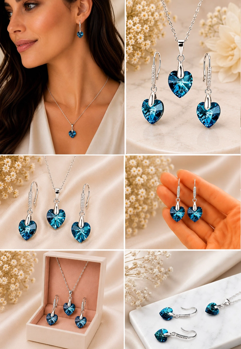 CONJUNTO JOYAS MONTERO PLATA ITALIANA 925 AROS + COLLAR ROMANCE Y CRISTALES GENUINOS BERMUDA BLUE - 7