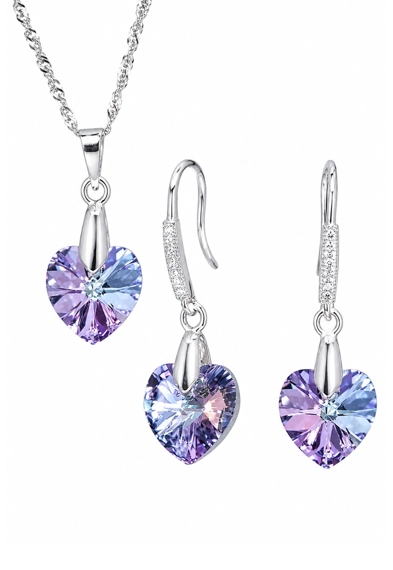 CONJUNTO JOYAS MONTERO PLATA ITALIANA 925 AROS + COLLAR ROMANCE Y CRISTALES GENUINOS VITRAL LIGHT - 1
