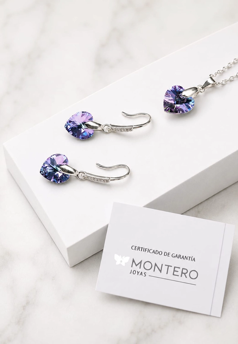 CONJUNTO JOYAS MONTERO PLATA ITALIANA 925 AROS + COLLAR ROMANCE Y CRISTALES GENUINOS VITRAL LIGHT - 2