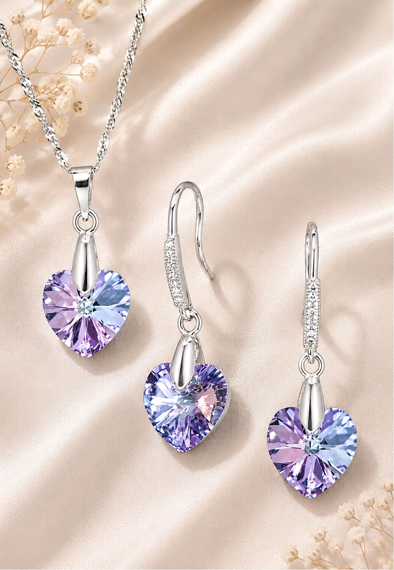 CONJUNTO JOYAS MONTERO PLATA ITALIANA 925 AROS + COLLAR ROMANCE Y CRISTALES GENUINOS VITRAL LIGHT - 3