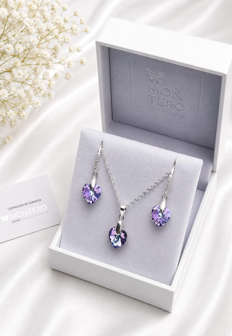 CONJUNTO JOYAS MONTERO PLATA ITALIANA 925 AROS + COLLAR ROMANCE Y CRISTALES GENUINOS VITRAL LIGHT - 4
