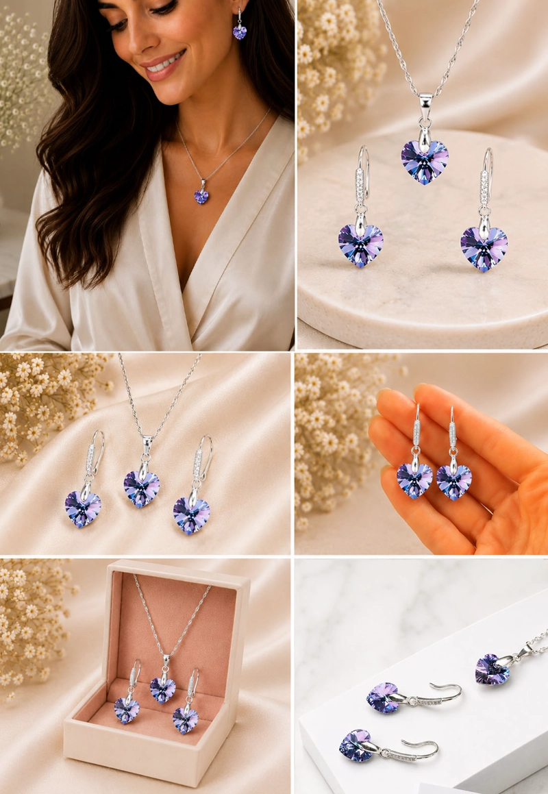 CONJUNTO JOYAS MONTERO PLATA ITALIANA 925 AROS + COLLAR ROMANCE Y CRISTALES GENUINOS VITRAL LIGHT - 7