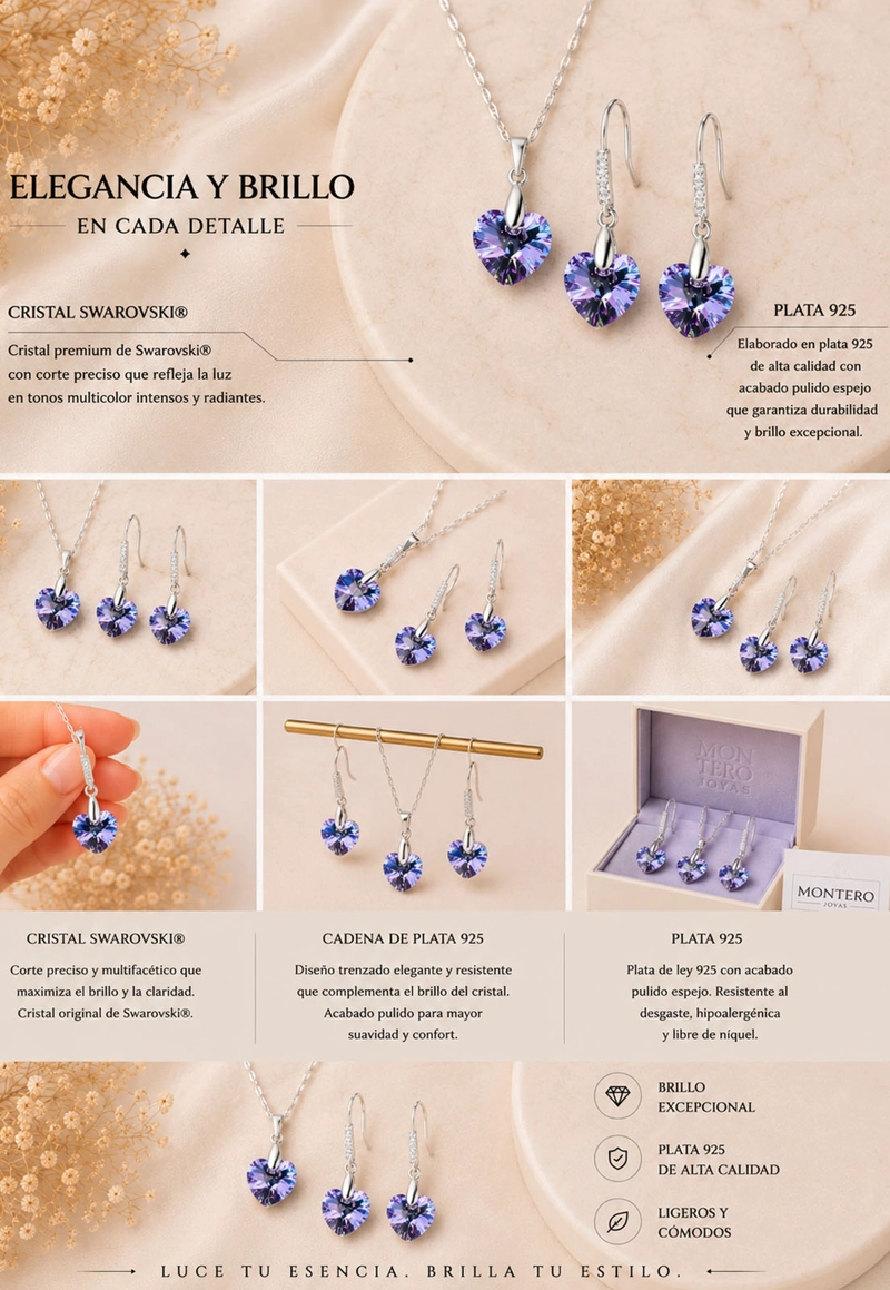 CONJUNTO JOYAS MONTERO PLATA ITALIANA 925 AROS + COLLAR ROMANCE Y CRISTALES GENUINOS VITRAL LIGHT - 8