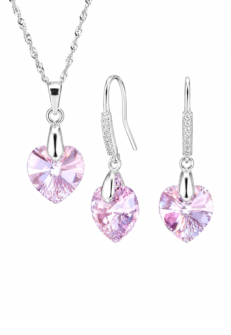 CONJUNTO JOYAS MONTERO PLATA ITALIANA 925 AROS + COLLAR ROMANCE Y CRISTALES GENUINOS LIGHT ROSE - 1