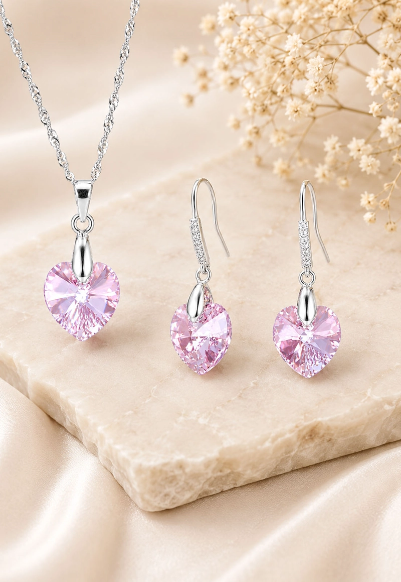 CONJUNTO JOYAS MONTERO PLATA ITALIANA 925 AROS + COLLAR ROMANCE Y CRISTALES GENUINOS LIGHT ROSE - 2