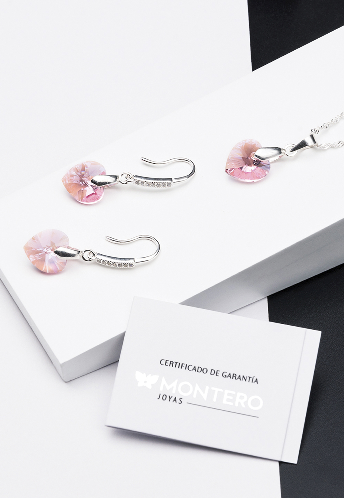 CONJUNTO JOYAS MONTERO PLATA ITALIANA 925 AROS + COLLAR ROMANCE Y CRISTALES GENUINOS LIGHT ROSE - 2