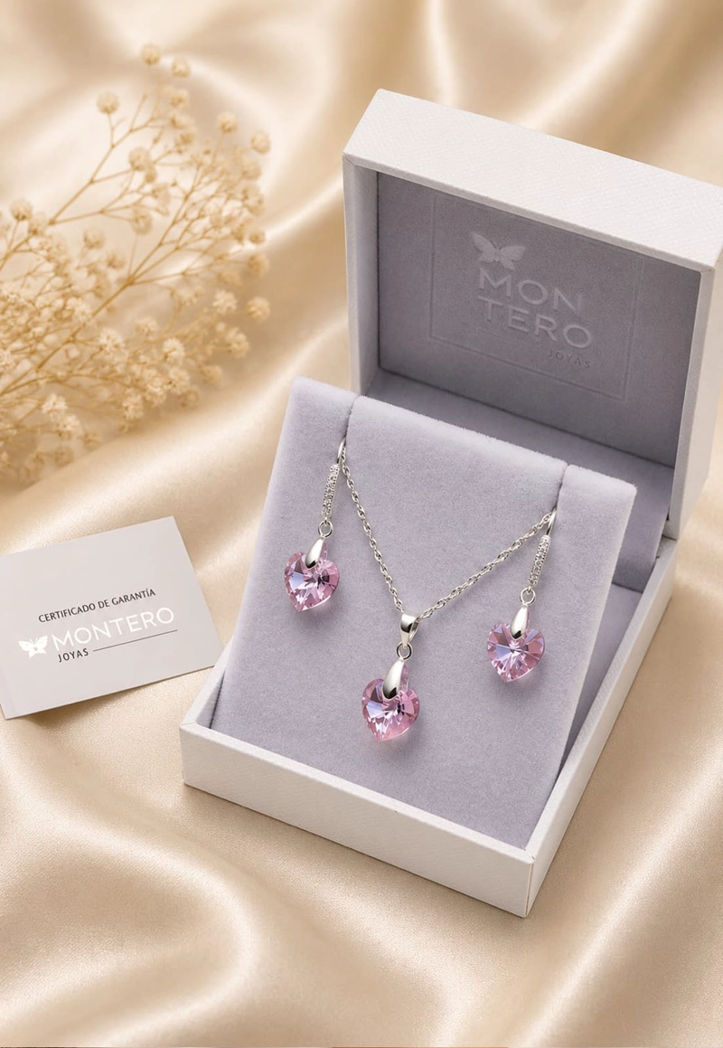CONJUNTO JOYAS MONTERO PLATA ITALIANA 925 AROS + COLLAR ROMANCE Y CRISTALES GENUINOS LIGHT ROSE - 3