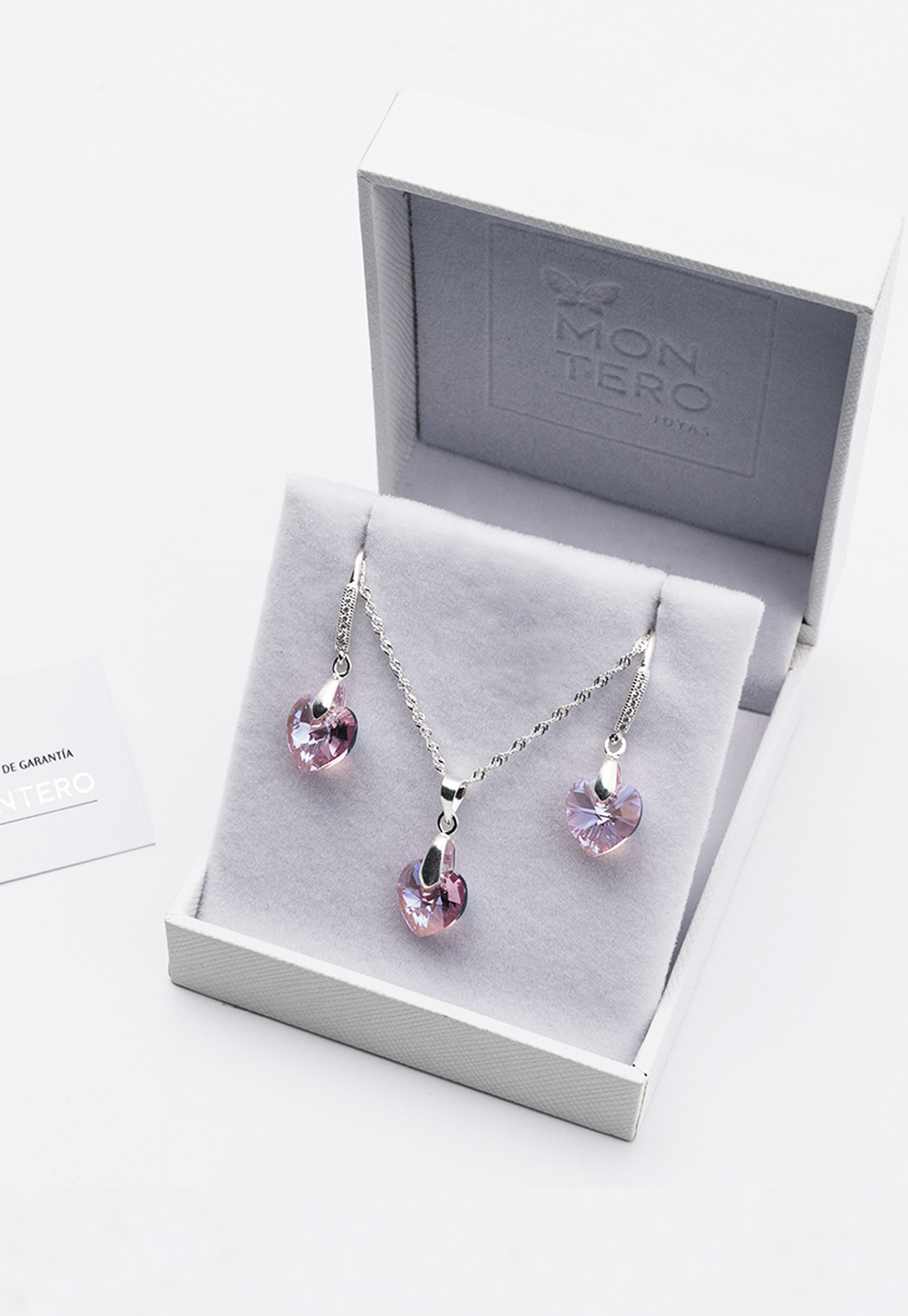 CONJUNTO JOYAS MONTERO PLATA ITALIANA 925 AROS + COLLAR ROMANCE Y CRISTALES GENUINOS LIGHT ROSE - 3