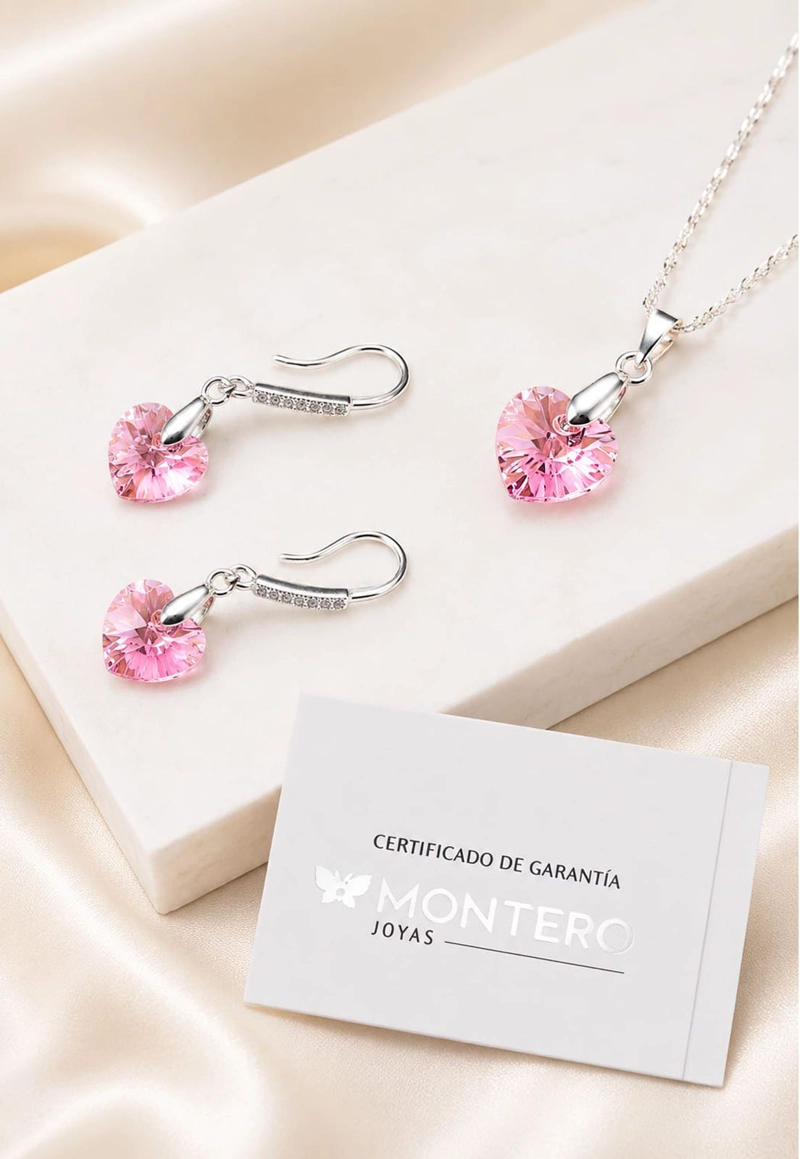 CONJUNTO JOYAS MONTERO PLATA ITALIANA 925 AROS + COLLAR ROMANCE Y CRISTALES GENUINOS LIGHT ROSE - 4