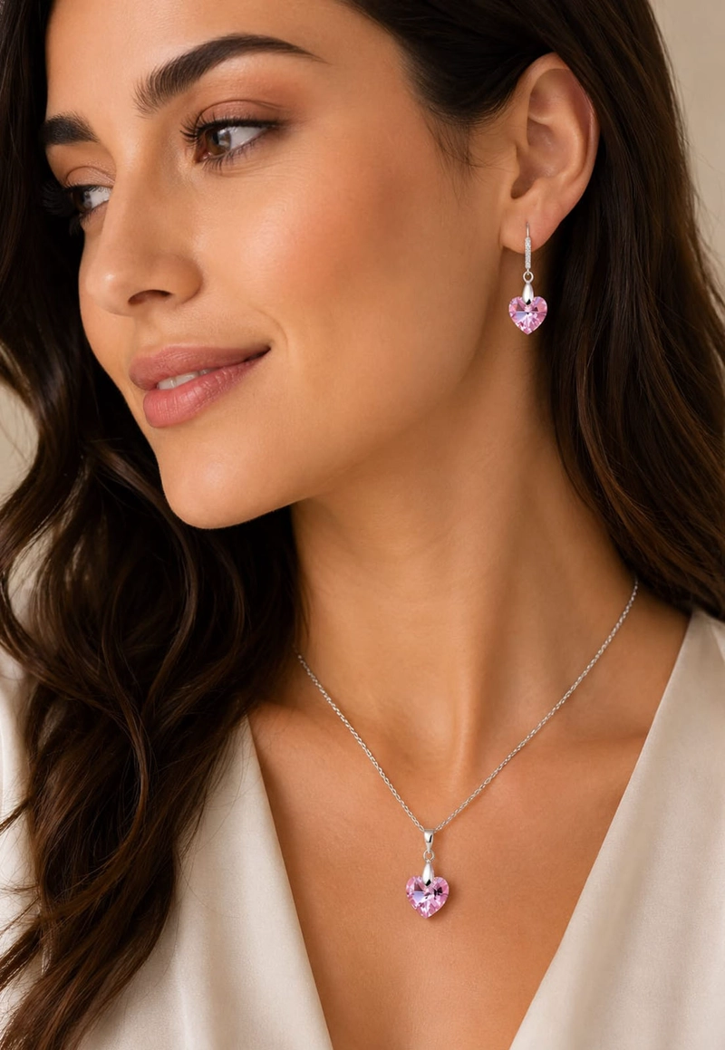 CONJUNTO JOYAS MONTERO PLATA ITALIANA 925 AROS + COLLAR ROMANCE Y CRISTALES GENUINOS LIGHT ROSE - 5