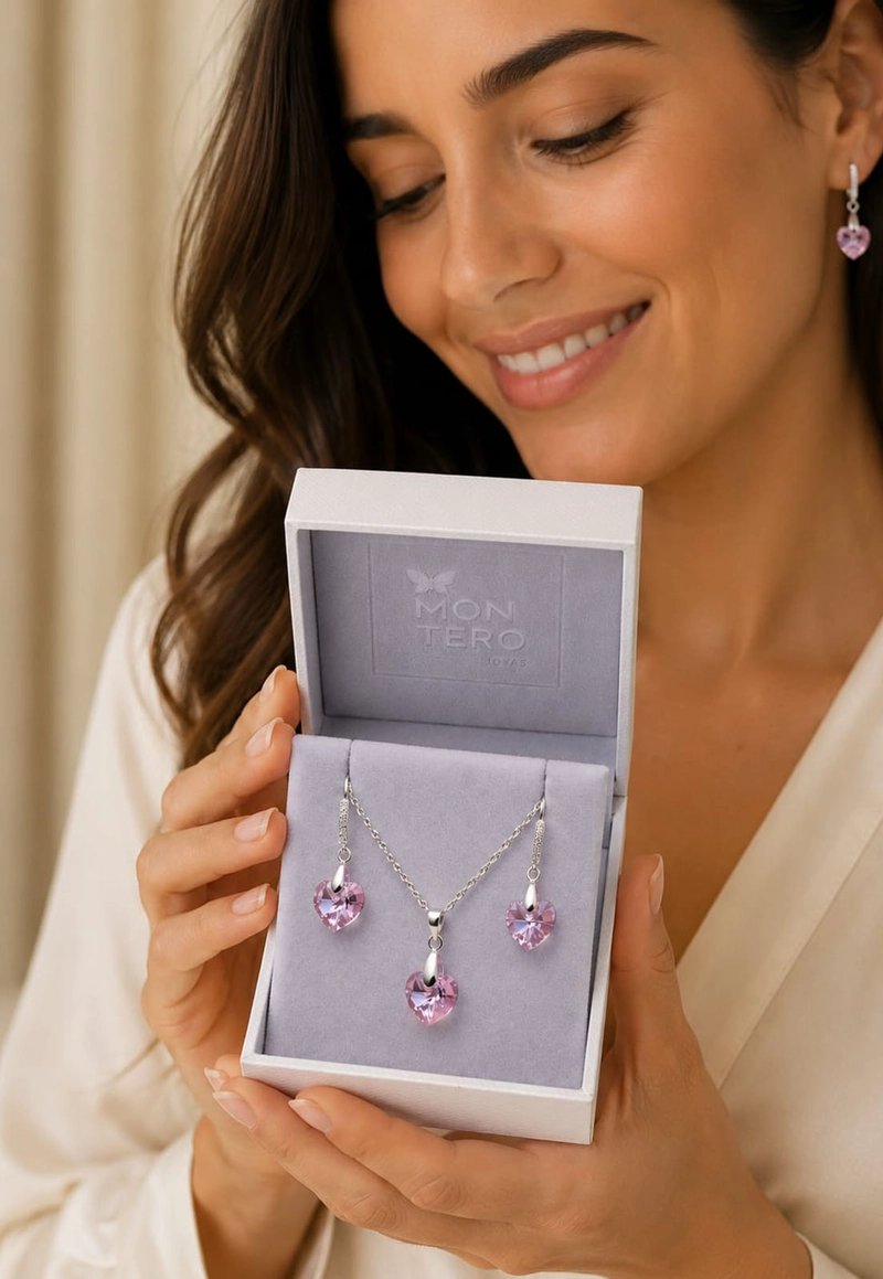 CONJUNTO JOYAS MONTERO PLATA ITALIANA 925 AROS + COLLAR ROMANCE Y CRISTALES GENUINOS LIGHT ROSE - 6