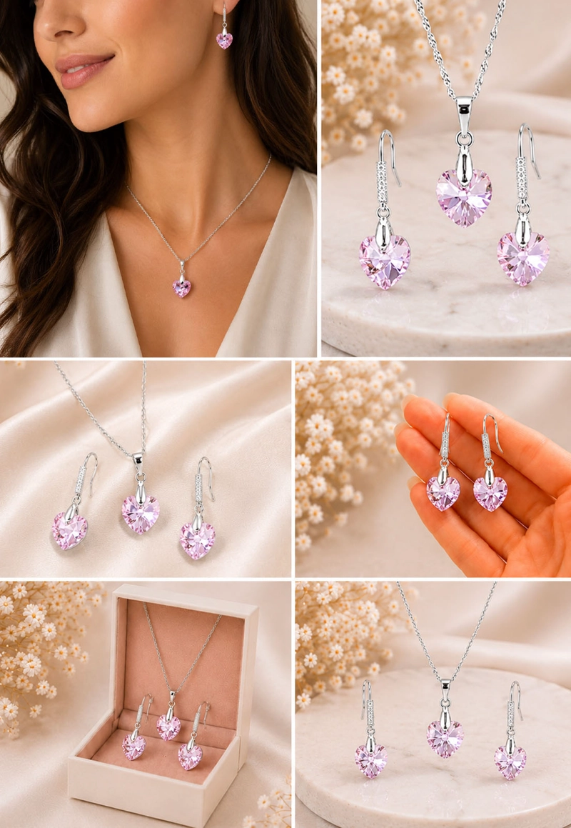 CONJUNTO JOYAS MONTERO PLATA ITALIANA 925 AROS + COLLAR ROMANCE Y CRISTALES GENUINOS LIGHT ROSE - 7