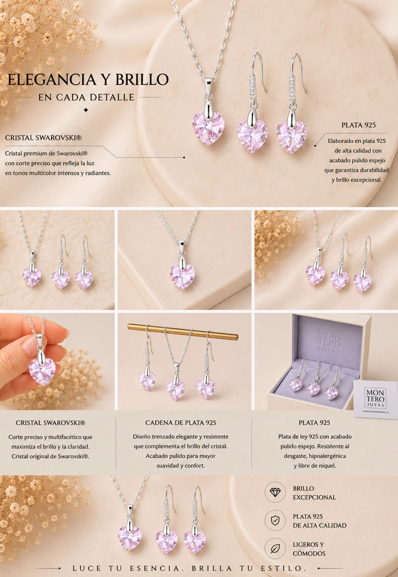 CONJUNTO JOYAS MONTERO PLATA ITALIANA 925 AROS + COLLAR ROMANCE Y CRISTALES GENUINOS LIGHT ROSE - 8