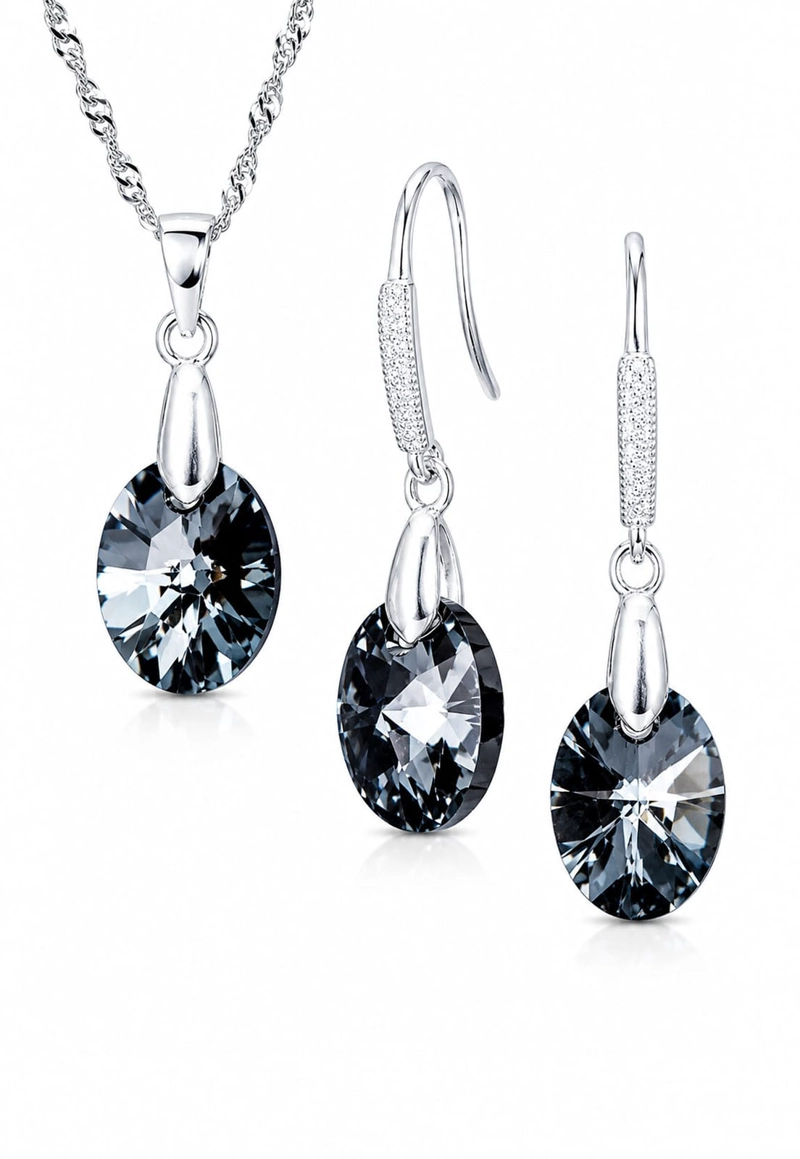 CONJUNTO JOYAS MONTERO PLATA ITALIANA 925 AROS + COLLAR PRAGA Y CRISTALES GENUINOS SILVER NIGHT - 1