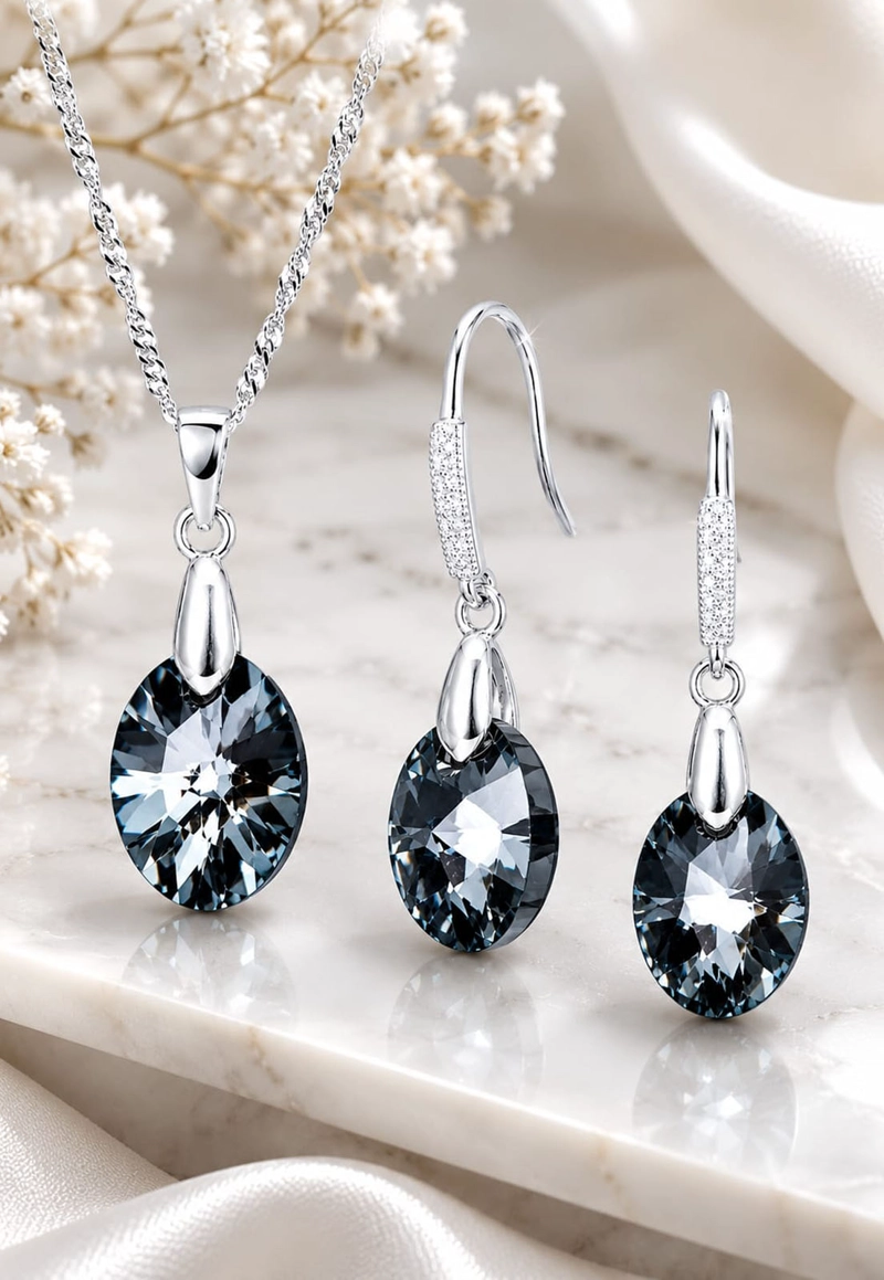CONJUNTO JOYAS MONTERO PLATA ITALIANA 925 AROS + COLLAR PRAGA Y CRISTALES GENUINOS SILVER NIGHT - 2
