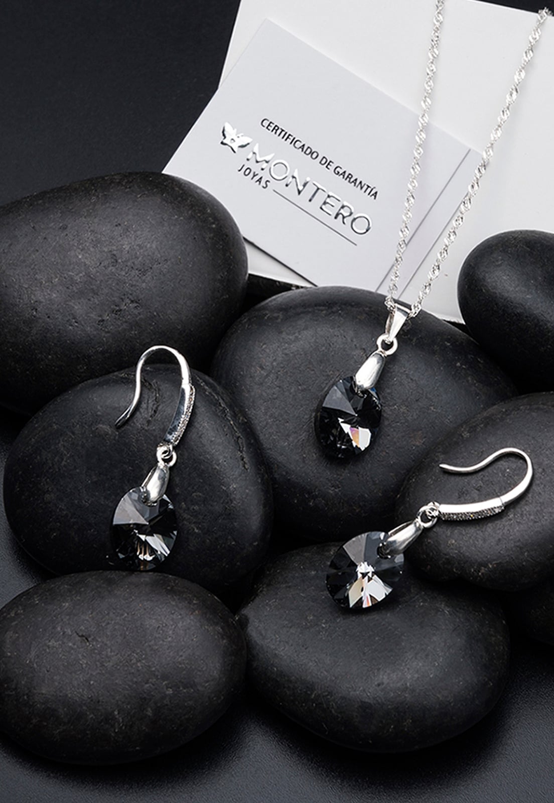 CONJUNTO JOYAS MONTERO PLATA ITALIANA 925 AROS + COLLAR PRAGA Y CRISTALES GENUINOS SILVER NIGHT - 2