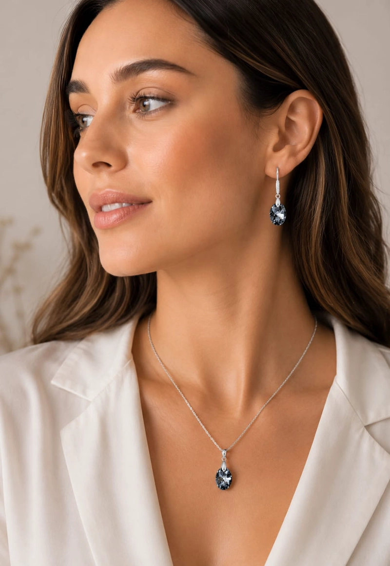 CONJUNTO JOYAS MONTERO PLATA ITALIANA 925 AROS + COLLAR PRAGA Y CRISTALES GENUINOS SILVER NIGHT - 3