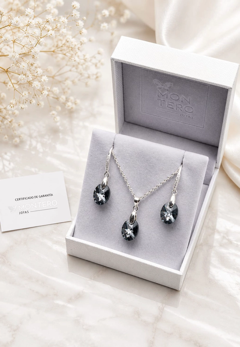 CONJUNTO JOYAS MONTERO PLATA ITALIANA 925 AROS + COLLAR PRAGA Y CRISTALES GENUINOS SILVER NIGHT - 4