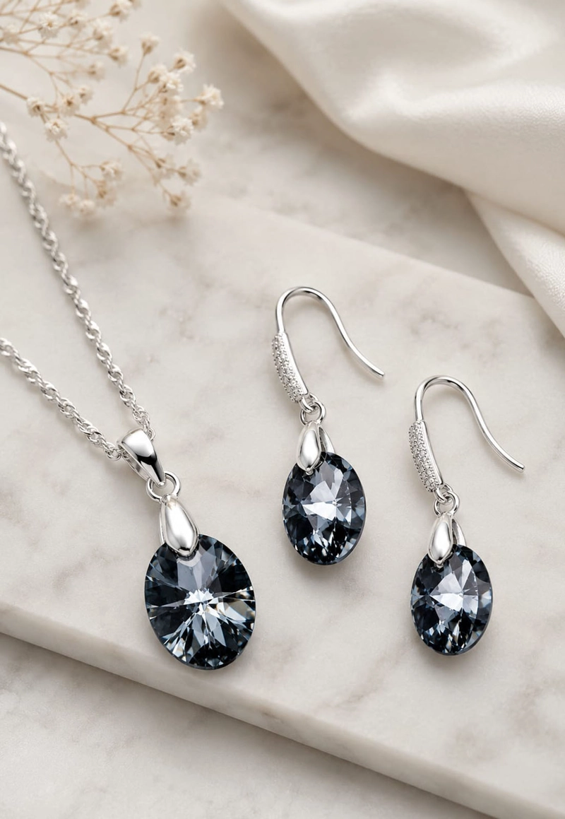 CONJUNTO JOYAS MONTERO PLATA ITALIANA 925 AROS + COLLAR PRAGA Y CRISTALES GENUINOS SILVER NIGHT - 5