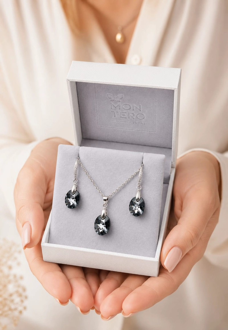 CONJUNTO JOYAS MONTERO PLATA ITALIANA 925 AROS + COLLAR PRAGA Y CRISTALES GENUINOS SILVER NIGHT - 6