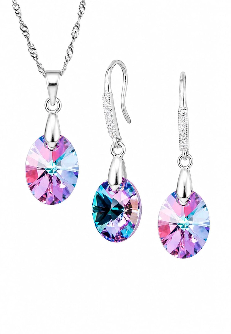 CONJUNTO JOYAS MONTERO PLATA ITALIANA 925 AROS + COLLAR PRAGA Y CRISTALES GENUINOS VITRAL LIGHT - 1