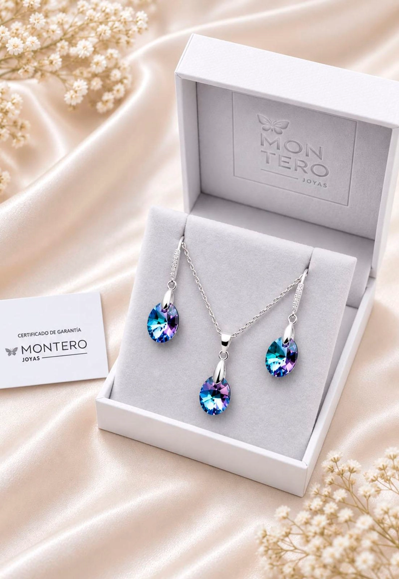 CONJUNTO JOYAS MONTERO PLATA ITALIANA 925 AROS + COLLAR PRAGA Y CRISTALES GENUINOS VITRAL LIGHT - 4