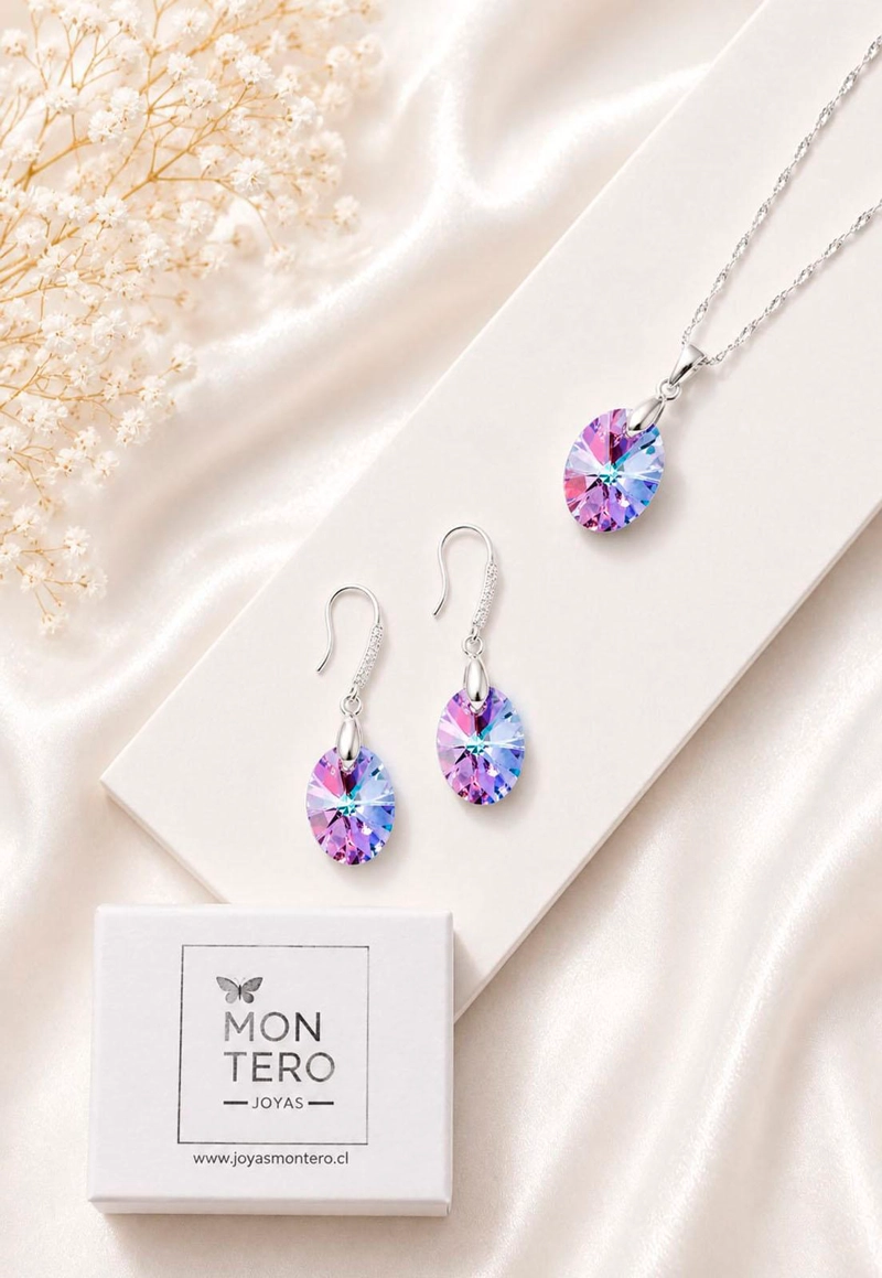CONJUNTO JOYAS MONTERO PLATA ITALIANA 925 AROS + COLLAR PRAGA Y CRISTALES GENUINOS VITRAL LIGHT - 5