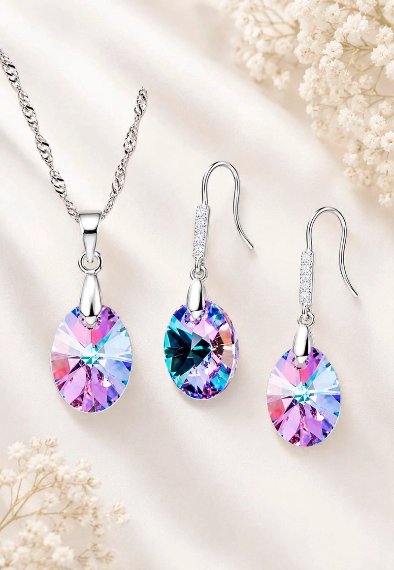 CONJUNTO JOYAS MONTERO PLATA ITALIANA 925 AROS + COLLAR PRAGA Y CRISTALES GENUINOS VITRAL LIGHT - 6