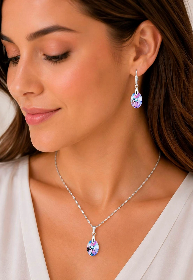 CONJUNTO JOYAS MONTERO PLATA ITALIANA 925 AROS + COLLAR PRAGA Y CRISTALES GENUINOS VITRAL LIGHT - 8