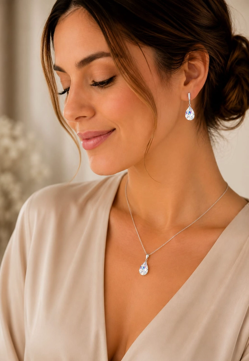 CONJUNTO JOYAS MONTERO PLATA ITALIANA 925 AROS + COLLAR ENCANTO Y CRISTALES GENUINOS AURORA BOREAL - 6