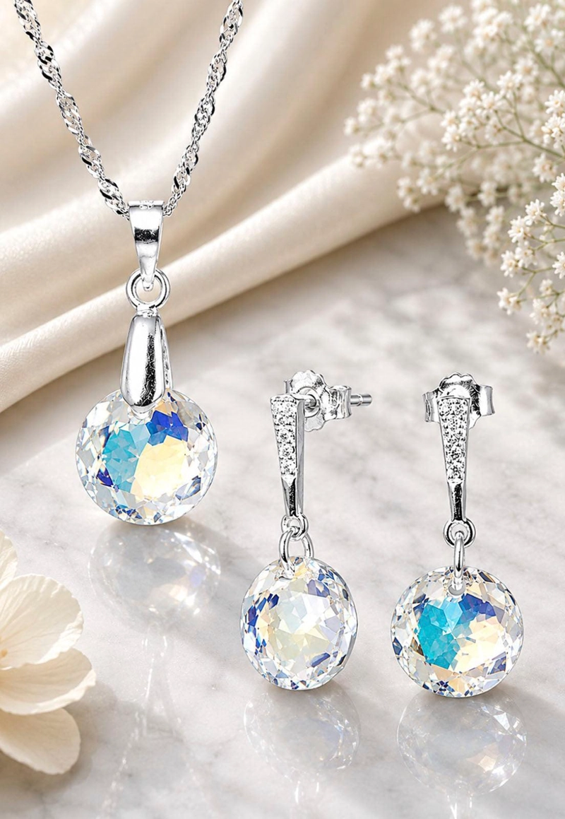 CONJUNTO JOYAS MONTERO PLATA ITALIANA 925 GRACIA Y CRISTALES GENUINOS AURORA BOREAL - 3