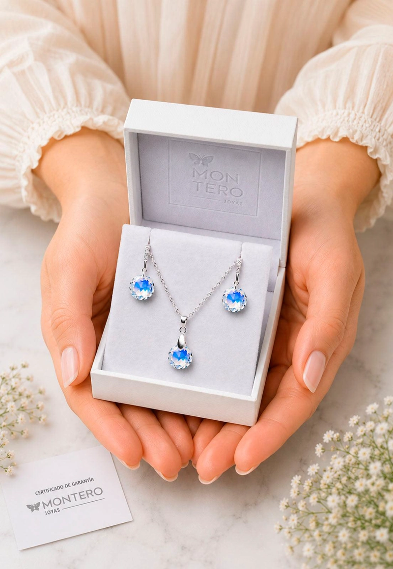 CONJUNTO JOYAS MONTERO PLATA ITALIANA 925 GRACIA Y CRISTALES GENUINOS AURORA BOREAL - 6