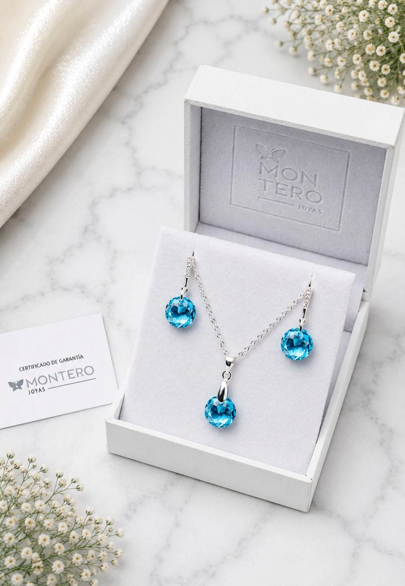 CONJUNTO JOYAS MONTERO PLATA ITALIANA 925 GRACIA Y CRISTALES GENUINOS AQUAMARINE - 2