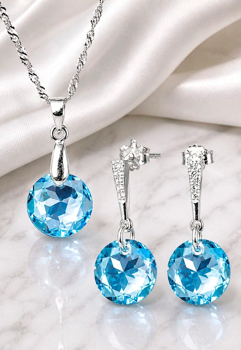 CONJUNTO JOYAS MONTERO PLATA ITALIANA 925 GRACIA Y CRISTALES GENUINOS AQUAMARINE - 3