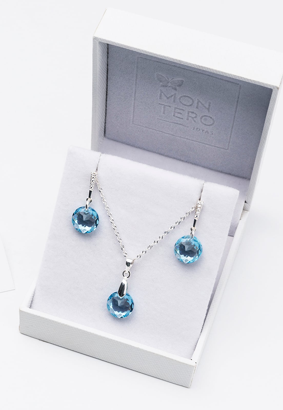 CONJUNTO JOYAS MONTERO PLATA ITALIANA 925 GRACIA Y CRISTALES GENUINOS AQUAMARINE - 3