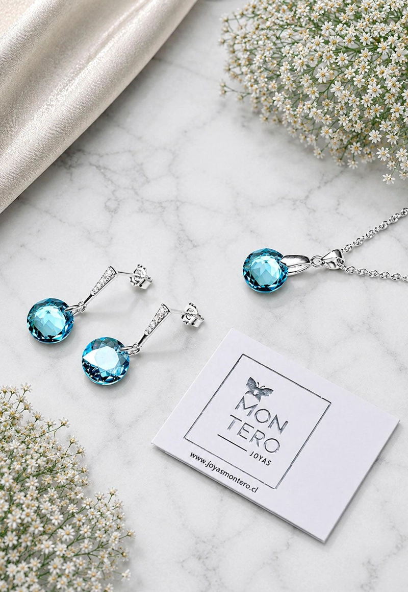 CONJUNTO JOYAS MONTERO PLATA ITALIANA 925 GRACIA Y CRISTALES GENUINOS AQUAMARINE - 5