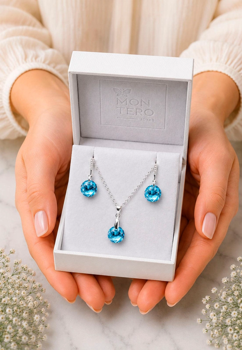 CONJUNTO JOYAS MONTERO PLATA ITALIANA 925 GRACIA Y CRISTALES GENUINOS AQUAMARINE - 6