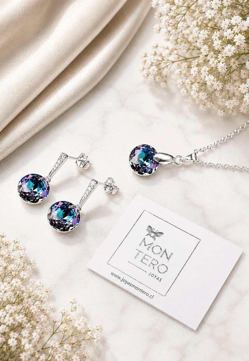 CONJUNTO JOYAS MONTERO PLATA ITALIANA 925 GRACIA Y CRISTALES GENUINOS VITRAL LIGHT - 3