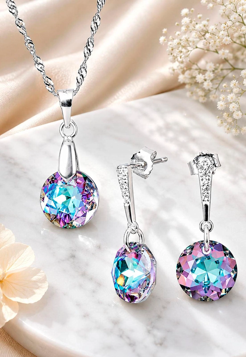 CONJUNTO JOYAS MONTERO PLATA ITALIANA 925 GRACIA Y CRISTALES GENUINOS VITRAL LIGHT - 5