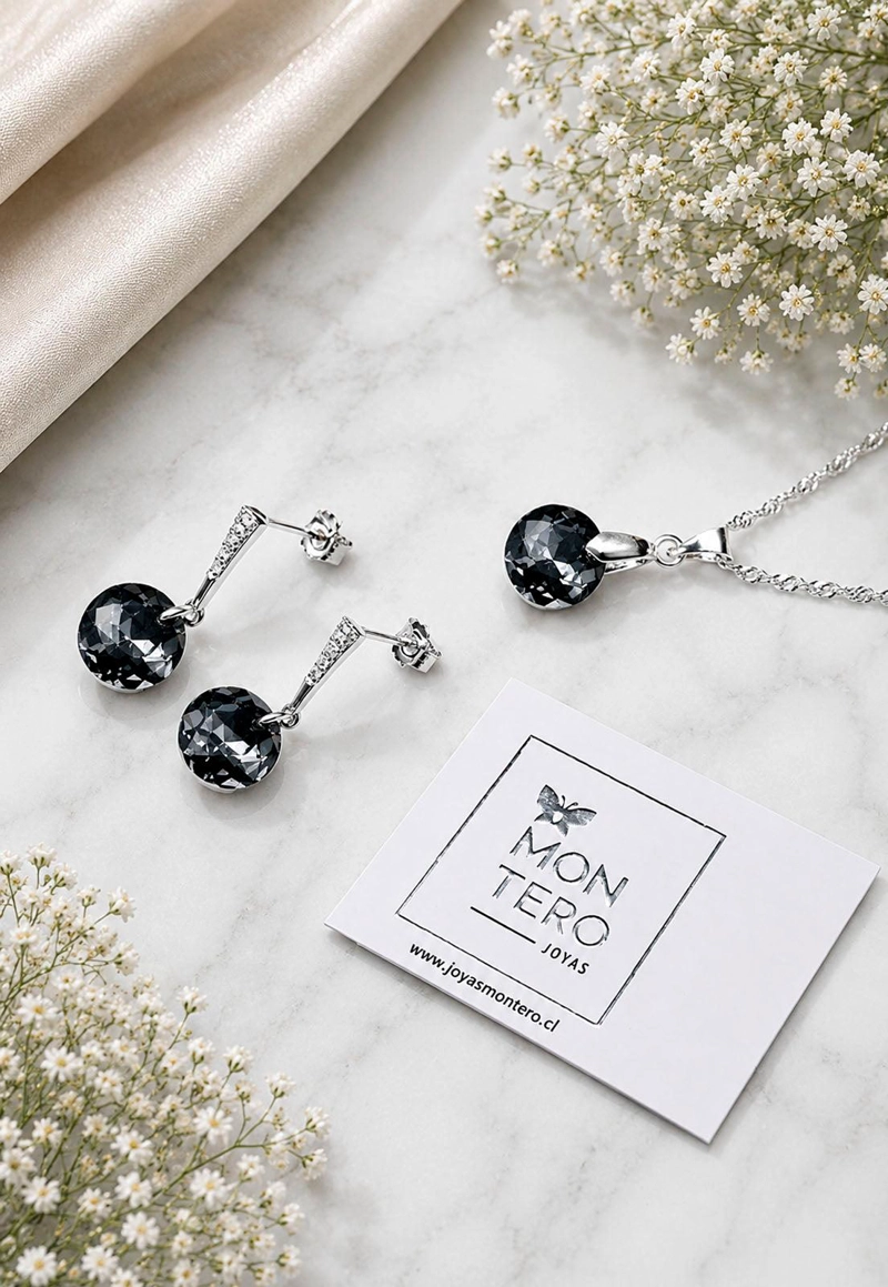 CONJUNTO JOYAS MONTERO PLATA ITALIANA 925 GRACIA Y CRISTALES GENUINOS SILVER NIGHT - 3