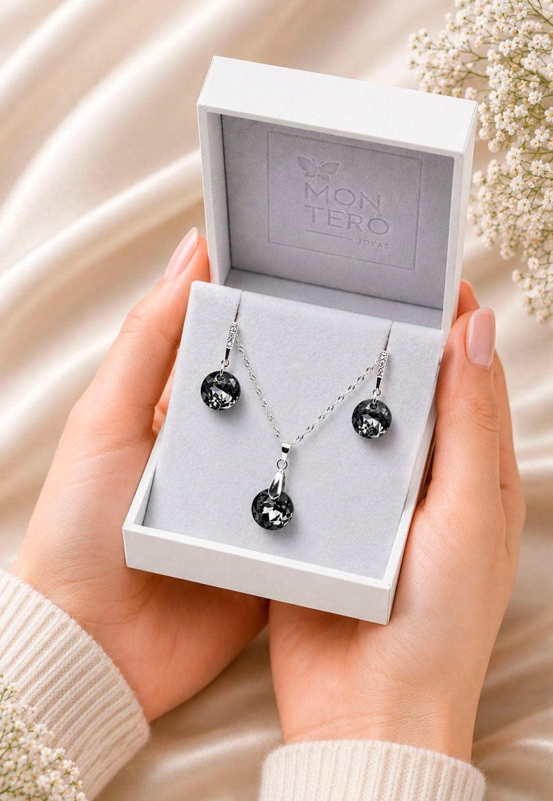 CONJUNTO JOYAS MONTERO PLATA ITALIANA 925 GRACIA Y CRISTALES GENUINOS SILVER NIGHT - 6
