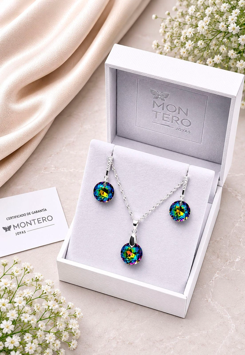 CONJUNTO JOYAS MONTERO PLATA ITALIANA 925 GRACIA Y CRISTALES GENUINOS VITRAL MEDIUM - 2