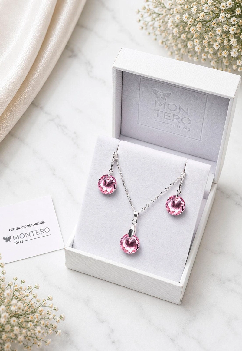 CONJUNTO JOYAS MONTERO PLATA ITALIANA 925 GRACIA Y CRISTALES GENUINOS LIGHT ROSE - 2
