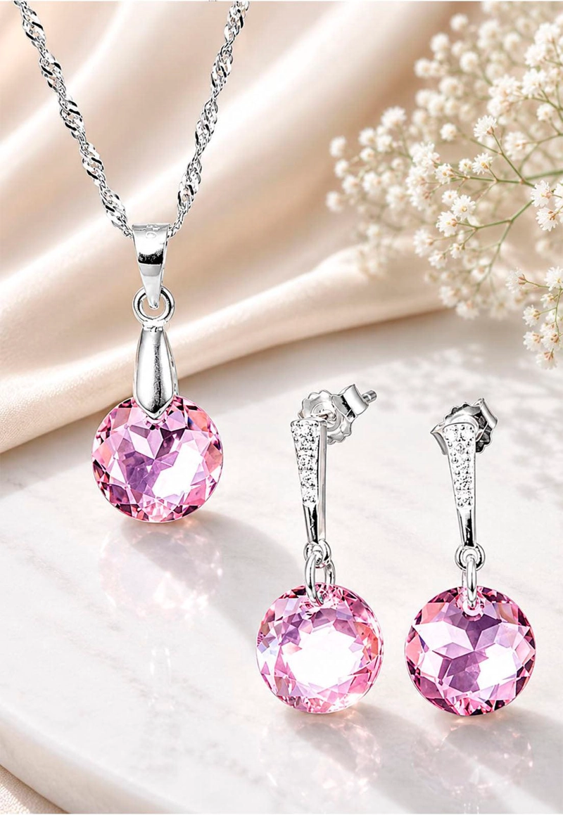 CONJUNTO JOYAS MONTERO PLATA ITALIANA 925 GRACIA Y CRISTALES GENUINOS LIGHT ROSE - 3