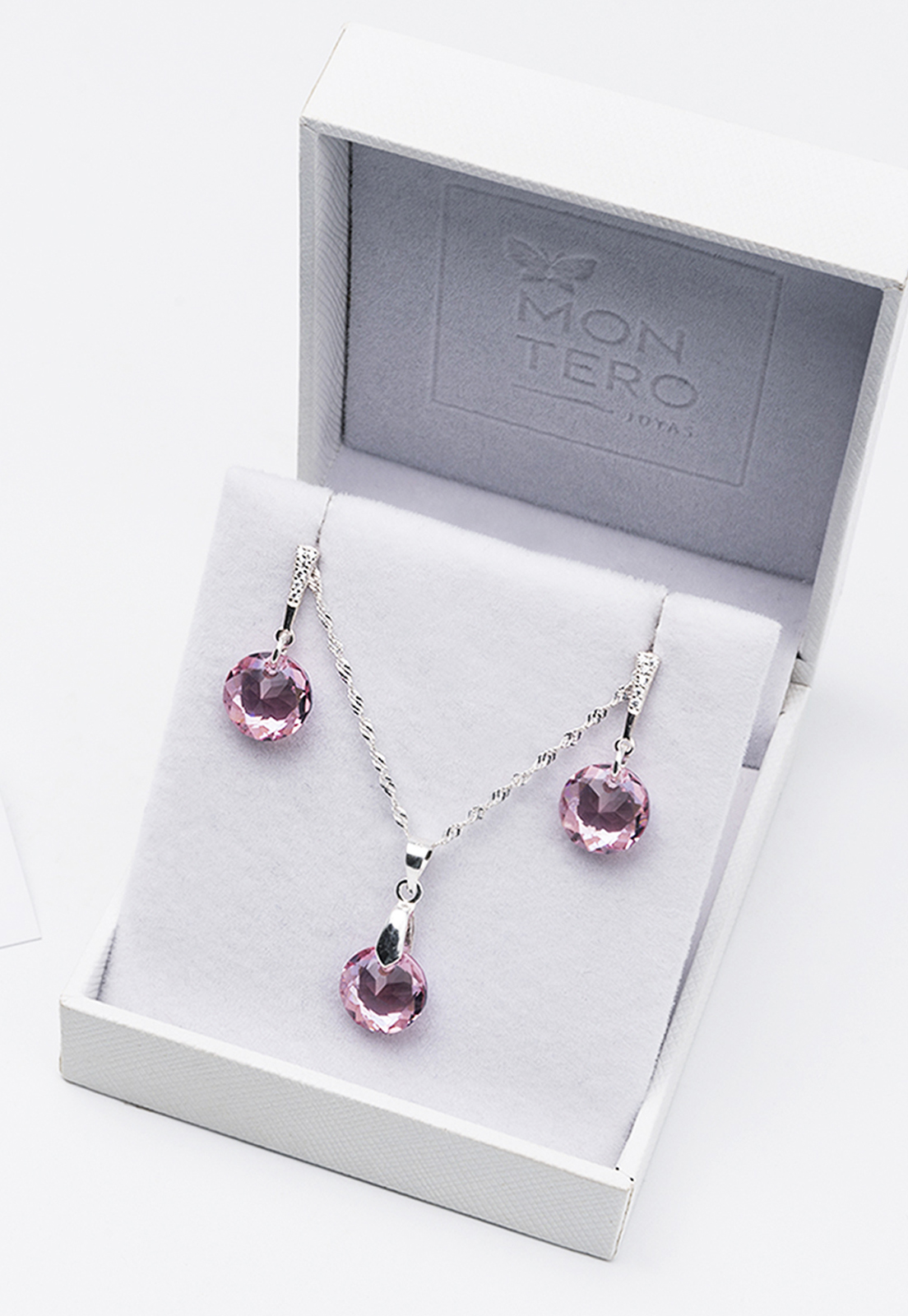 CONJUNTO JOYAS MONTERO PLATA ITALIANA 925 GRACIA Y CRISTALES GENUINOS LIGHT ROSE - 3